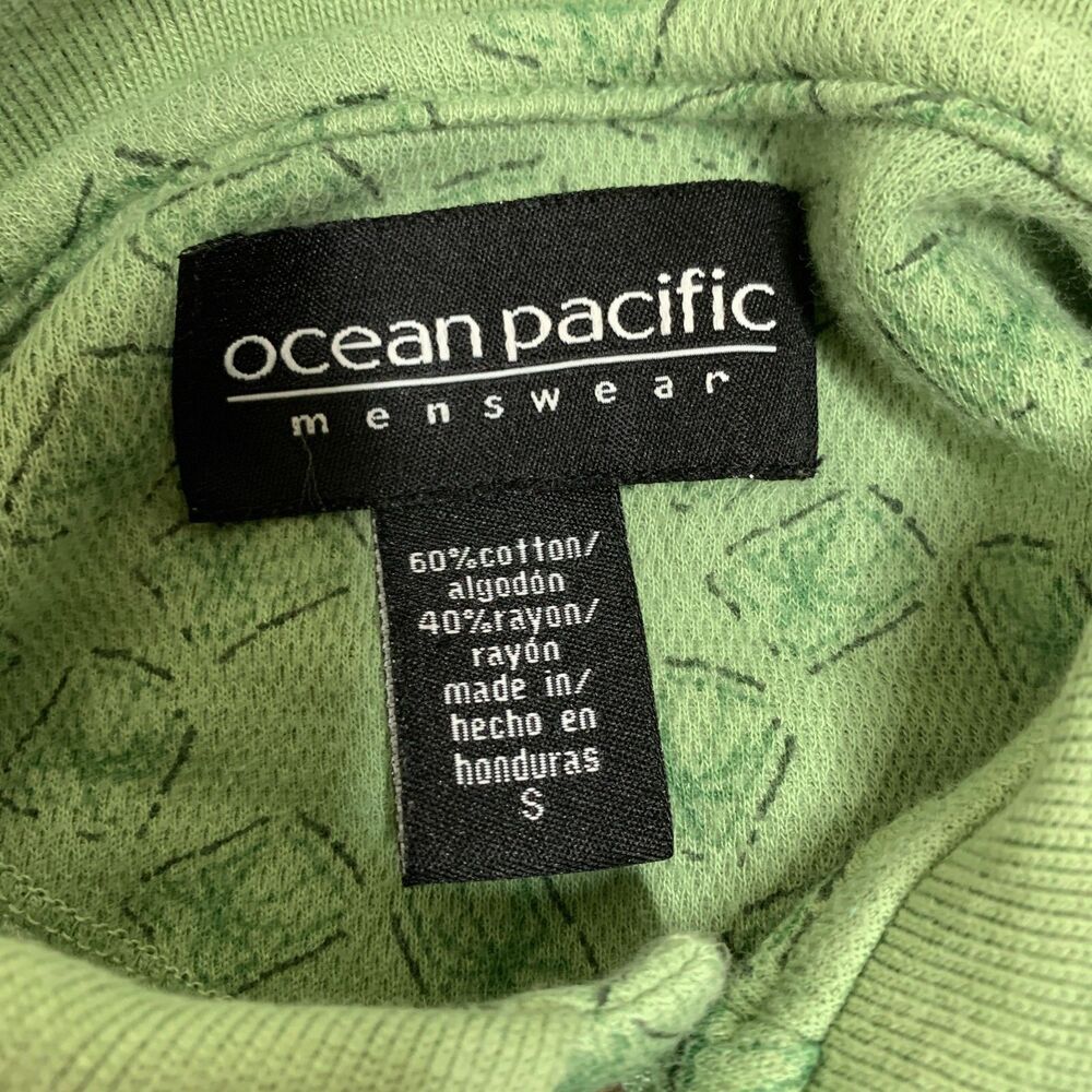VTG OCEAN PACIFIC Green Short Sleeve Palm Pattern Polo Shirt Mens Size Small Y2K - Picture 2 of 3
